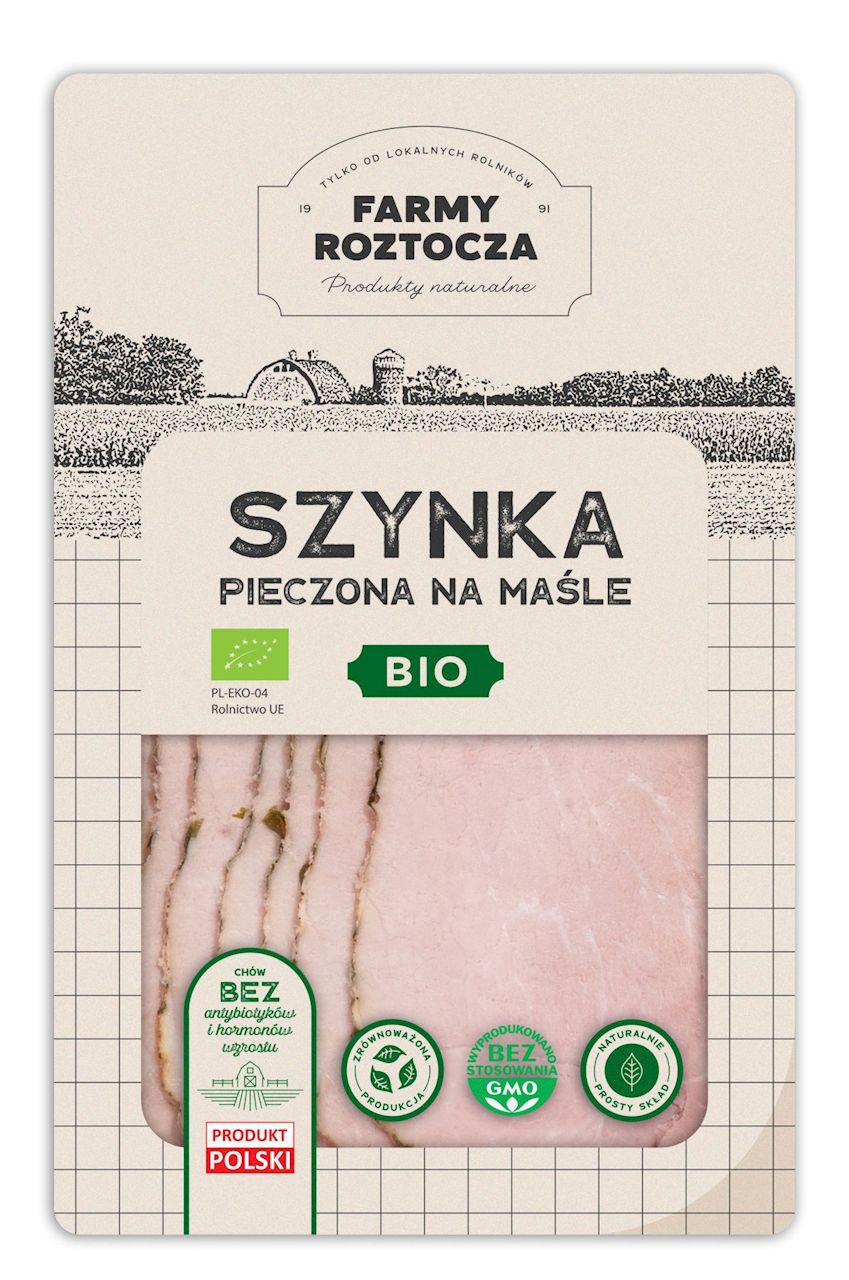 SZYNKA NA MAŚLE PIECZONA PLASTRY BIO 100 g - FARMY ROTOCZA (Z PÓŁKI)