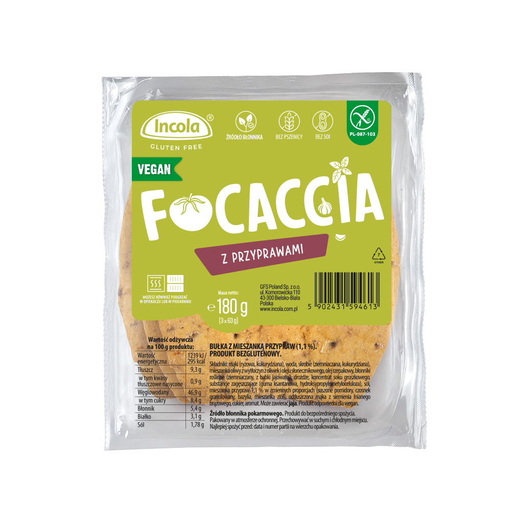 BUŁKI FOCACCIA Z PRZYPRAWAMI BEZGLUTENOWE (3 szt.) 180 g - INCOLA