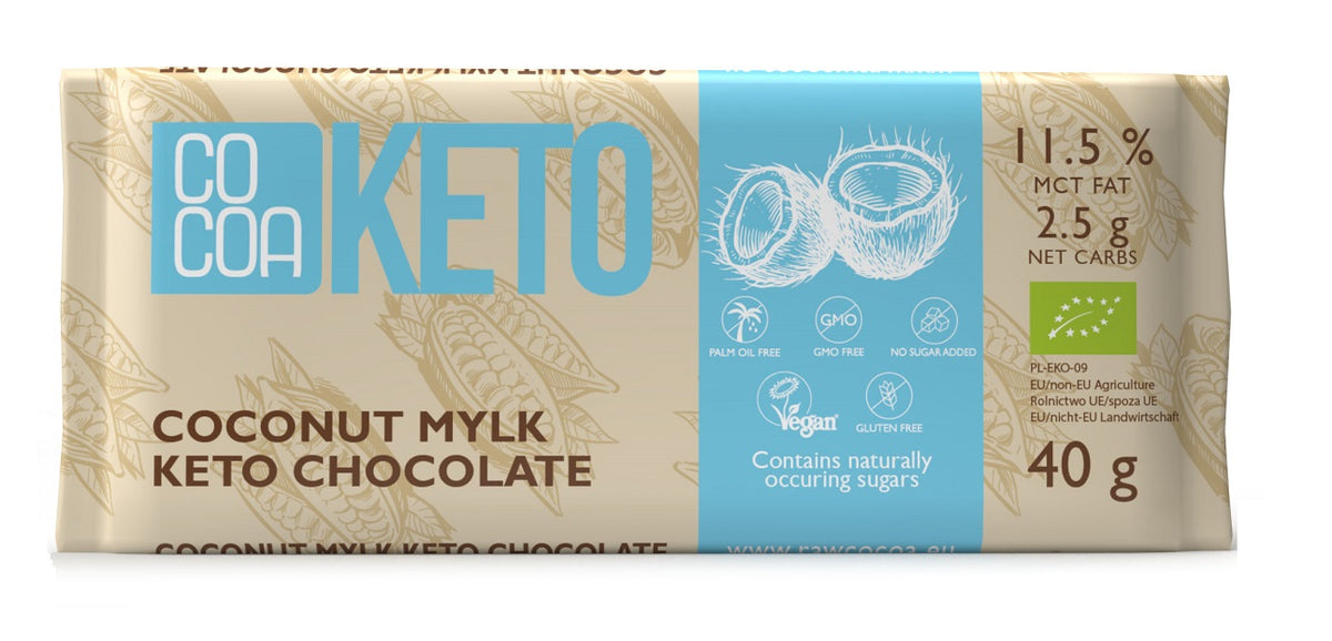 CZEKOLADA KOKOSOWA Z OLEJEM MCT BEZ DODATKU CUKRÓW BEZGLUTENOWA KETO BIO