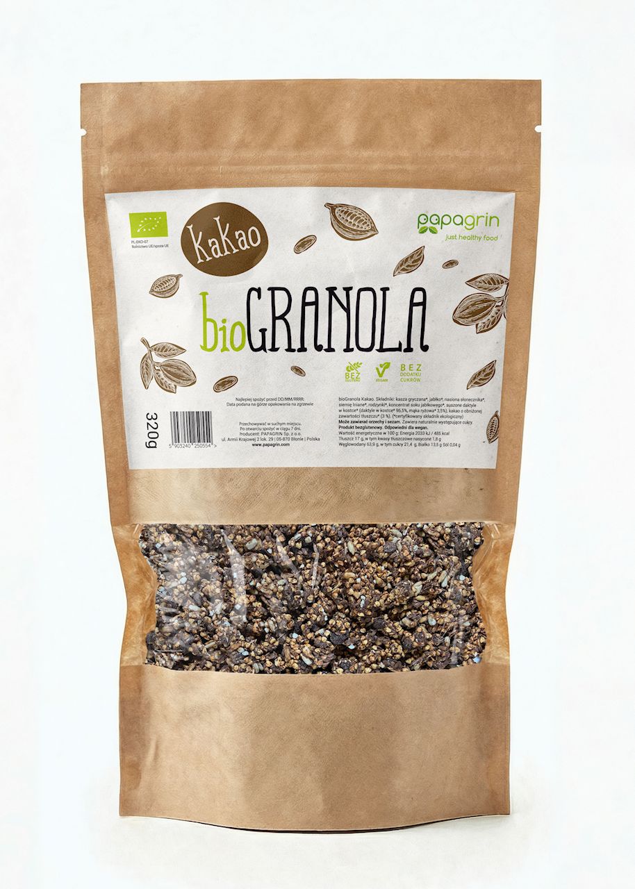 GRANOLA Z KAKAO BEZ DODATKU CUKRÓW BEZGLUTENOWA BIO 320 g - PAPAGRIN