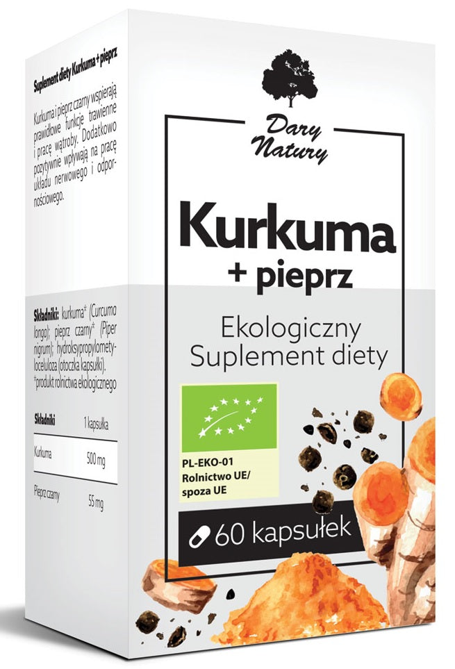KURKUMA + CZARNY PIEPRZ BIO 60 KAPSUŁEK - DARY NATURY