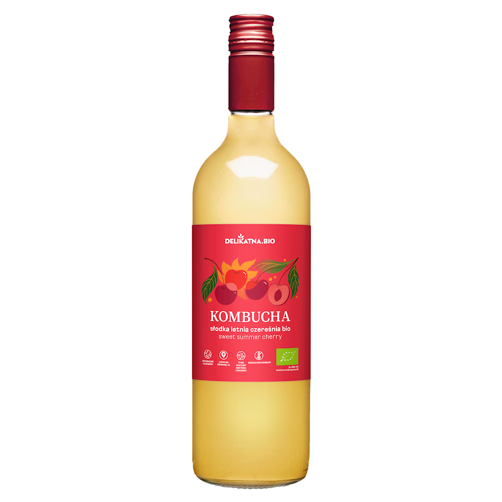 KOMBUCHA O SMAKU SŁODKIEJ LETNIEJ CZEREŚNI BIO 750 ml - DELIKATNA