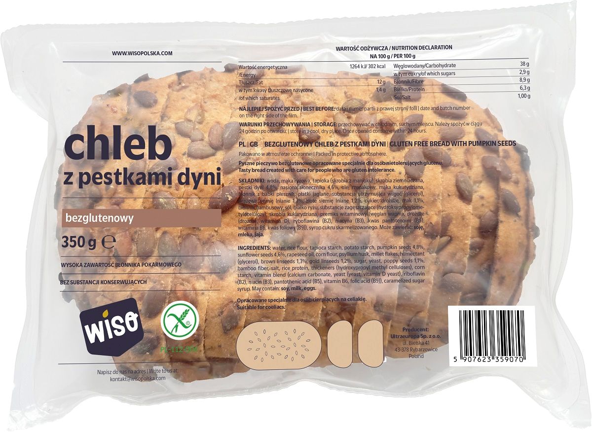 CHLEB Z PESTKAMI DYNI BEZGLUTENOWY 350 g - WISO