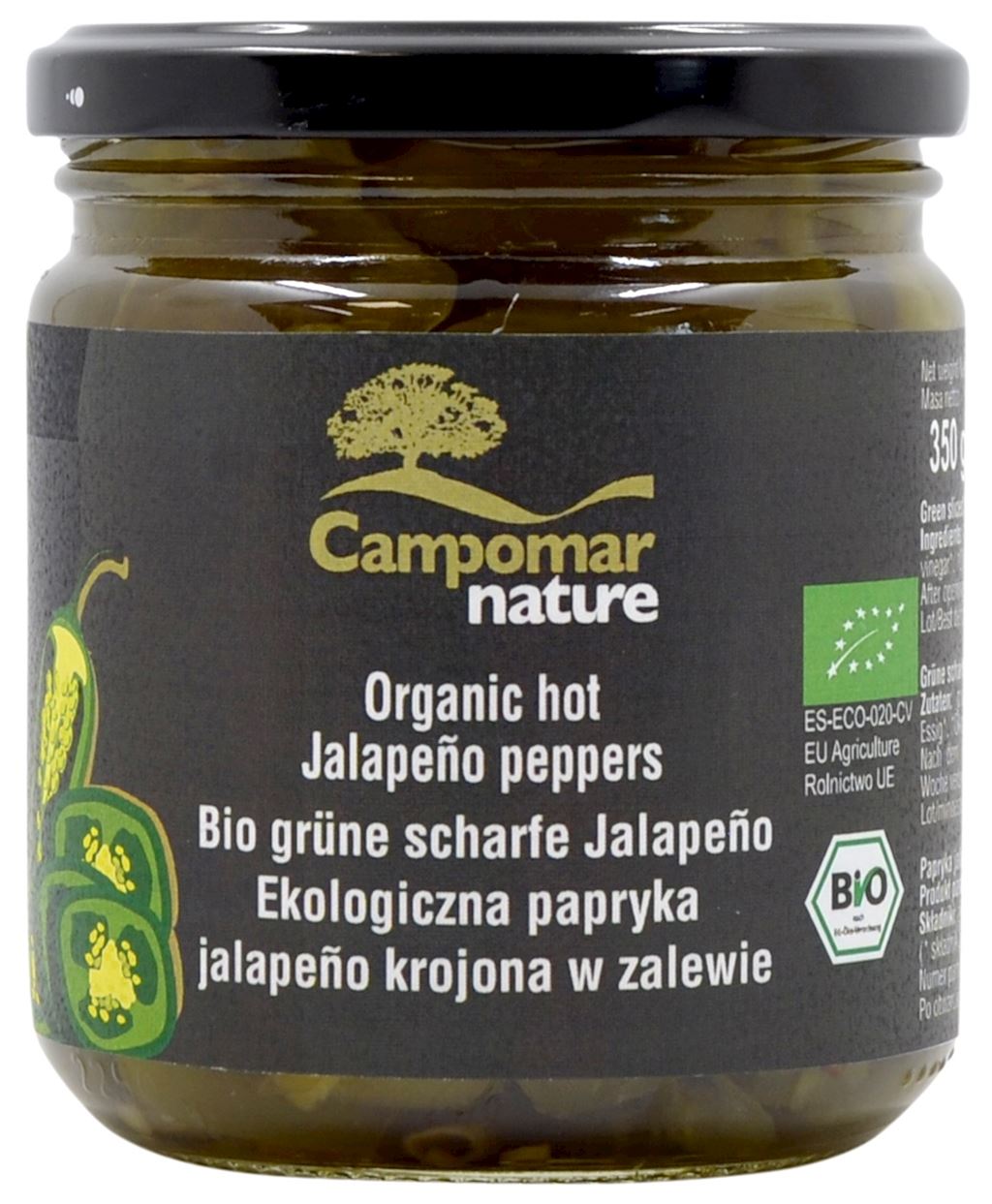 PAPRYKA JALAPENO ZIELONA KROJONA W ZALEWIE BIO 350 g (130 g) - CAMPOMAR