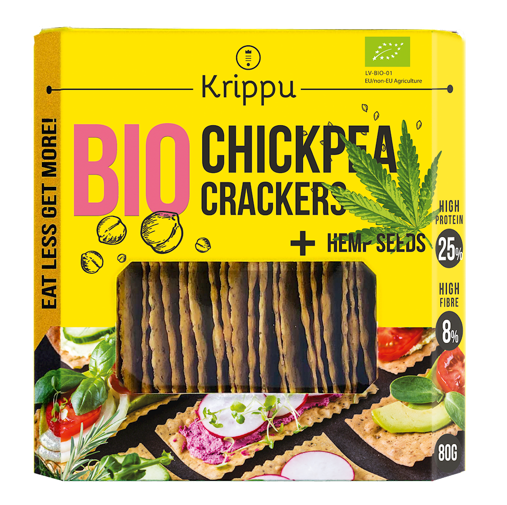 KRAKERSY PROTEINOWE Z CIECIERZYCY Z NASIONAMI KONOPI BIO 80 g - KRIPPU