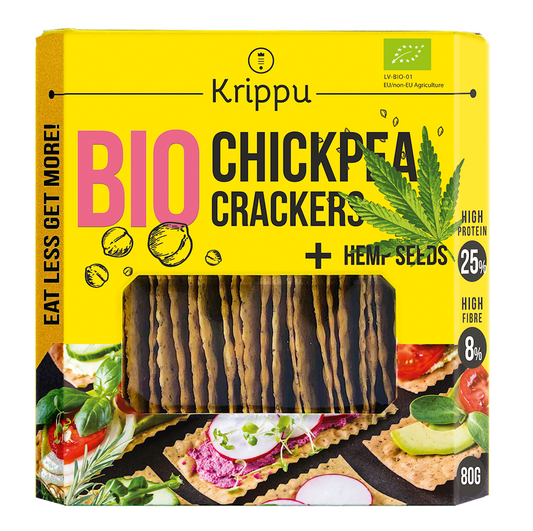 KRAKERSY PROTEINOWE Z CIECIERZYCY Z NASIONAMI KONOPI BIO 80 g - KRIPPU