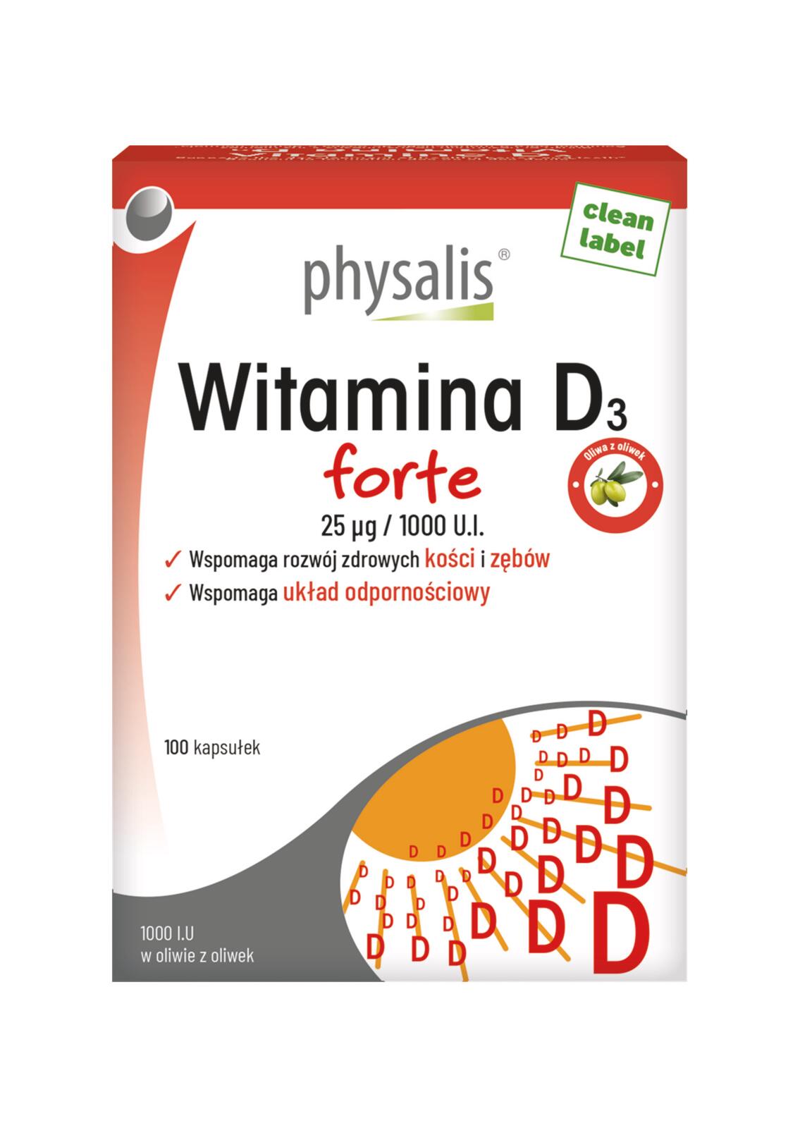 WITAMINA D3 25 mcg (1000 j.m) FORTE 100 KAPSUŁEK - PHYSALIS