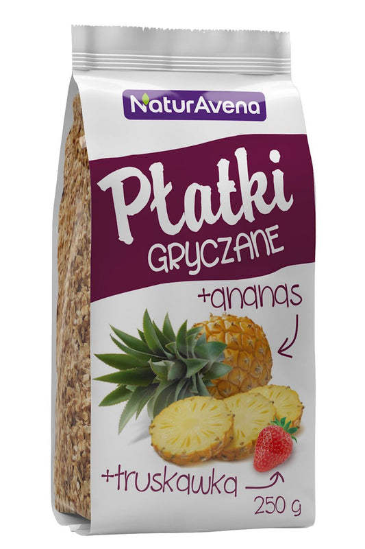 PŁATKI GRYCZANE BŁYSKAWICZNE Z ANANASEM I TRUSKAWKĄ 250 g - NATURAVENA