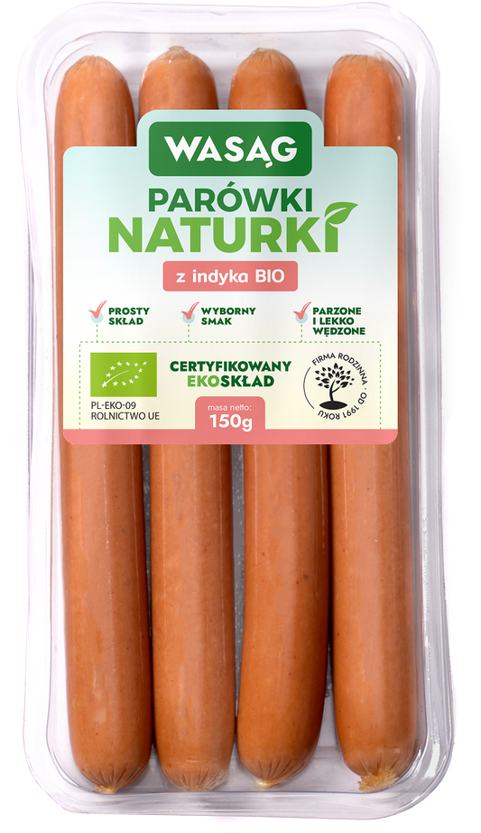 PARÓWKI Z INDYKA BIO 150 g - WASĄG (Z PÓŁKI)