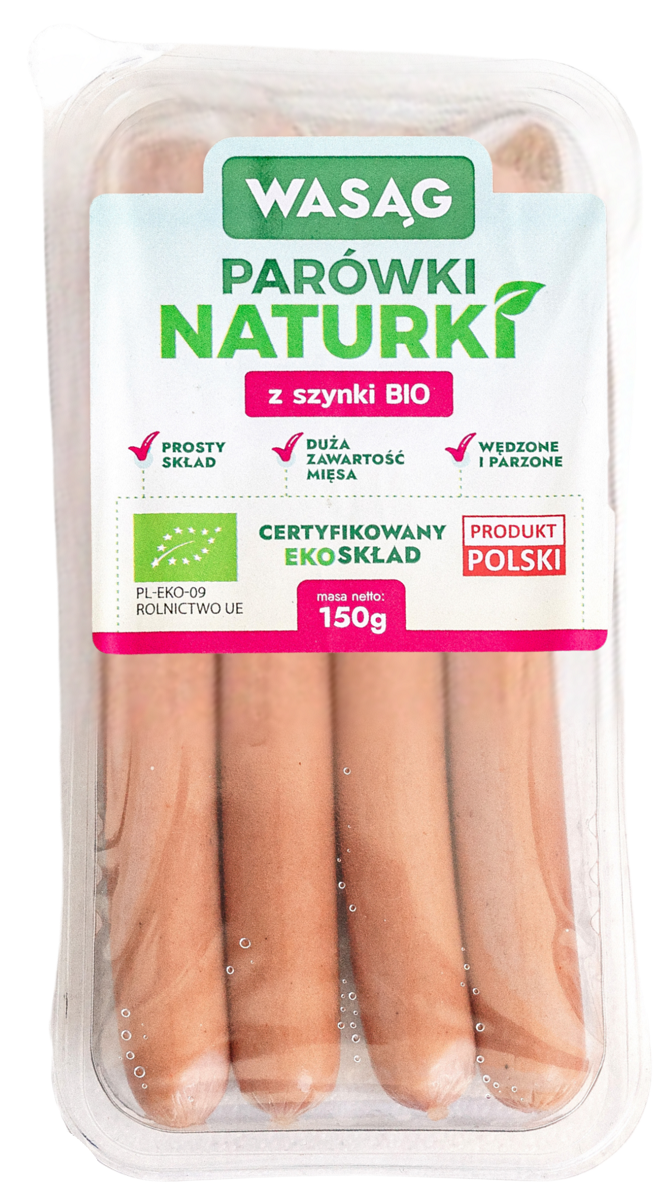 PARÓWKI Z SZYNKI BIO 150 g - WASĄG (Z PÓŁKI)