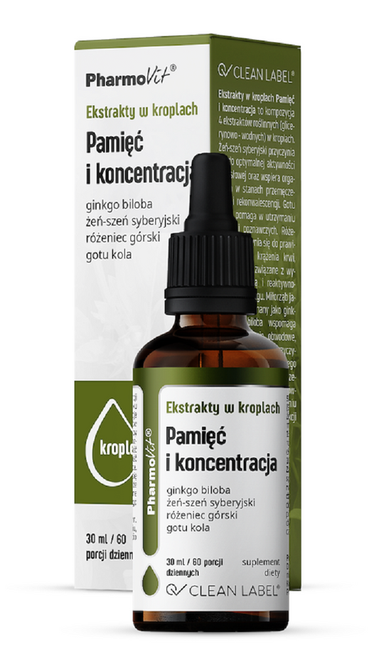 EKSTRAKTY W KROPLACH NA PAMIĘĆ I KONCENTRACJĘ BEZGLUTENOWE 30 ml...