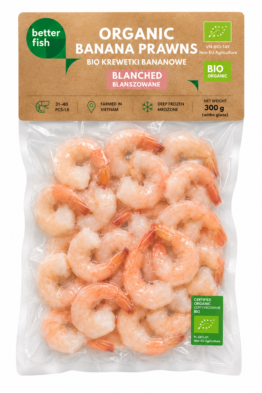 KREWETKI BANANOWE BLANSZOWANE MROŻONE BIO 225 g - BETTER FISH