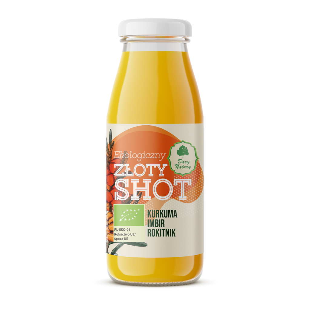 SHOT ZŁOTY NA ODPORNOŚĆ KURKUMA - IMBIR - ROKITNIK BIO 250 ml - DARY...
