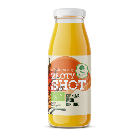 SHOT ZŁOTY NA ODPORNOŚĆ KURKUMA - IMBIR - ROKITNIK BIO 250 ml - DARY...