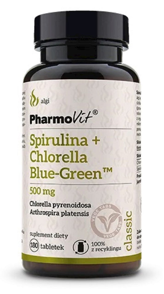 SPIRULINA + CHLORELLA BLUE-GREEN BEZGLUTENOWA 180 TABLETEK - PHARMOVIT...