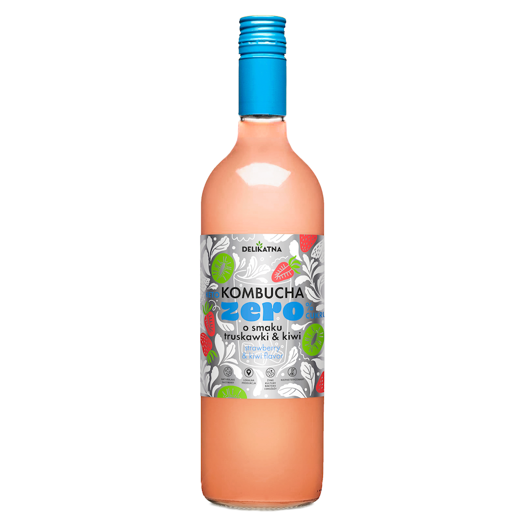 KOMBUCHA O SMAKU TRUSKAWKI I KIWI ZERO % CUKRU 750 ml - DELIKATNA