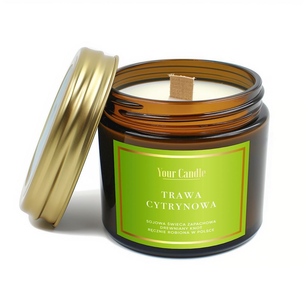 ŚWIECA SOJOWA ZAPACHOWA Z DREWNIANYM KNOTEM TRAWA CYTRYNOWA 120 ml...