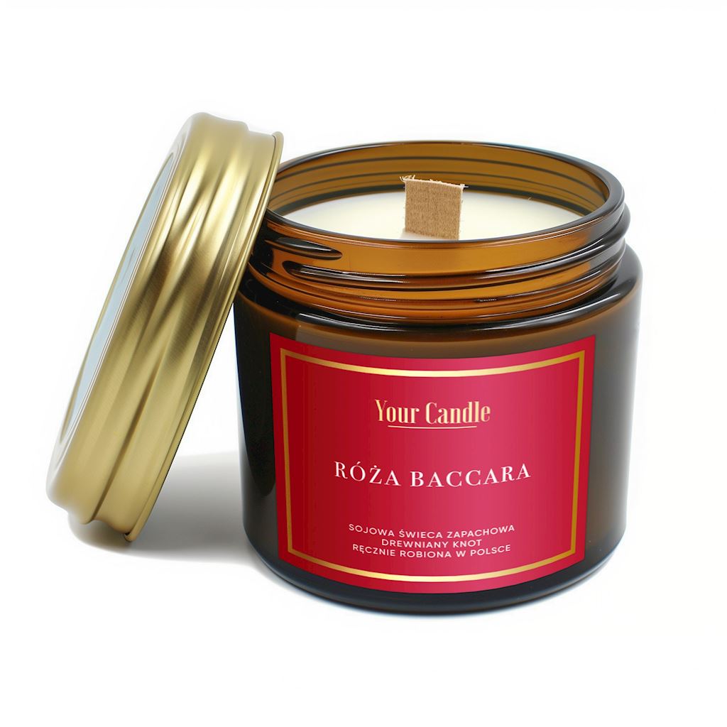 ŚWIECA SOJOWA ZAPACHOWA Z DREWNIANYM KNOTEM RÓŻA BACCARA 120 ml...