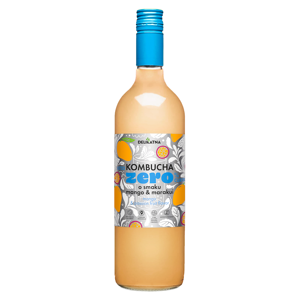 KOMBUCHA O SMAKU MANGO I MARAKUI ZERO % CUKRU 750 ml - DELIKATNA