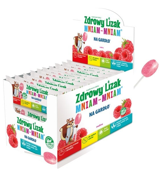 LIZAK O SMAKU MALINOWYM NA GARDŁO BEZ CUKRU BEZGLUTENOWY 6 g - ZDROWY...