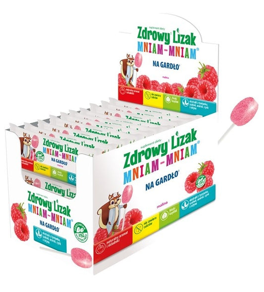 LIZAK O SMAKU MALINOWYM NA GARDŁO BEZ CUKRU BEZGLUTENOWY 6 g - ZDROWY...