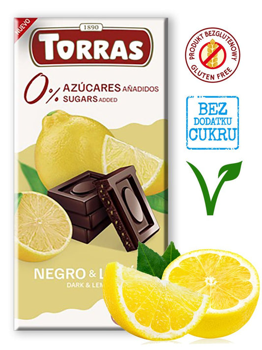 CZEKOLADA GORZKA Z CYTRYNĄ BEZ DODATKU CUKRÓW BEZGLUTENOWA 75 g - TORRAS