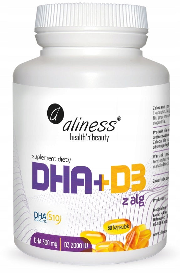 Omega DHA 300mg Z ALG olej + WITAMINA D3 Aliness