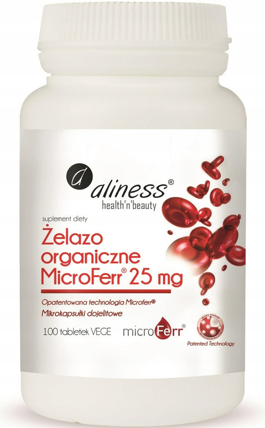 ŻELAZO ORGANICZNE MICROFERR 25mg 100 tab WEGE ZMĘCZENIE ODPORNOŚĆ - Aliness