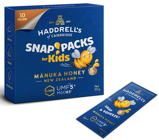 MIÓD MANUKA KIDS MGO 83+ UMF 5+ 10 SASZETEK - HADDRELL'S OF CAMBRIDGE
