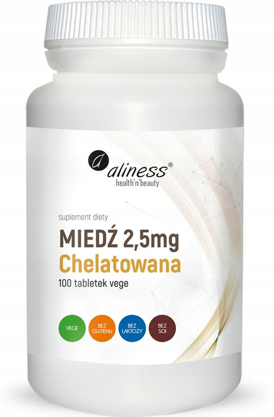 Miedź Chelatowana 2,5mg 100 tabletek Pigmentacja skóry Odporność - Aliness